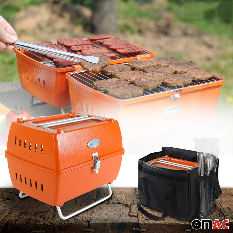 Orange Portable Charcoal BBQ Grill Outdoor Camping 13 Pcs with Durable Bag SET