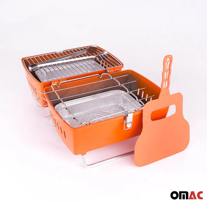 Orange Portable Charcoal BBQ Grill Outdoor Camping 13 Pcs with Durable Bag SET