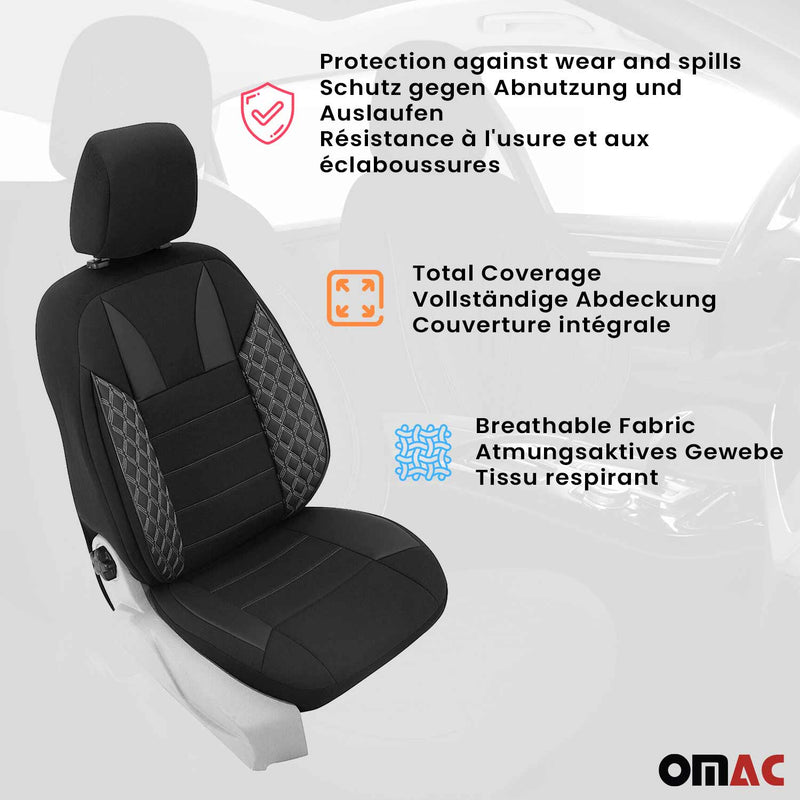 2x Front Car Seat Cover Protection Set PU Fabric Black with White Stitches