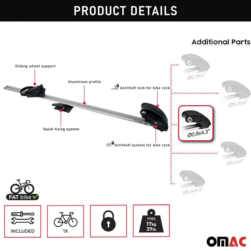 Roof Bicycle Rack Bike Carrier Alu. Upright With Optional 0,8x4,3 inch Fork Kit