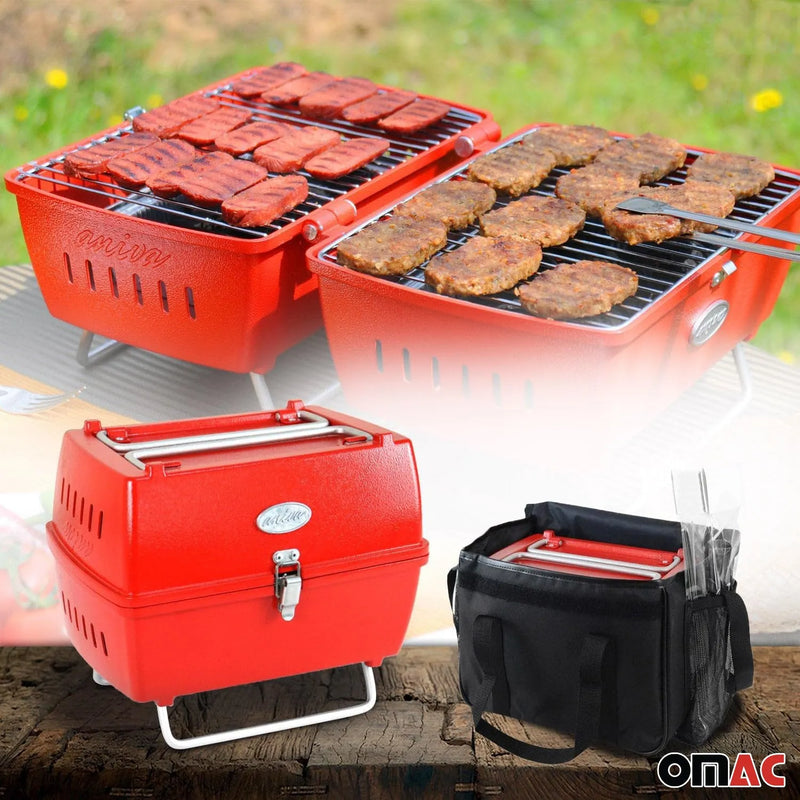 Red Portable Charcoal BBQ Grill Outdoor Camping 13 Pcs With Durable Bag SET