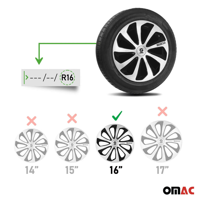 Sicilia Hub Caps Wheel Cover 16" Silver Carbon & Black Full Set 4 pcs.