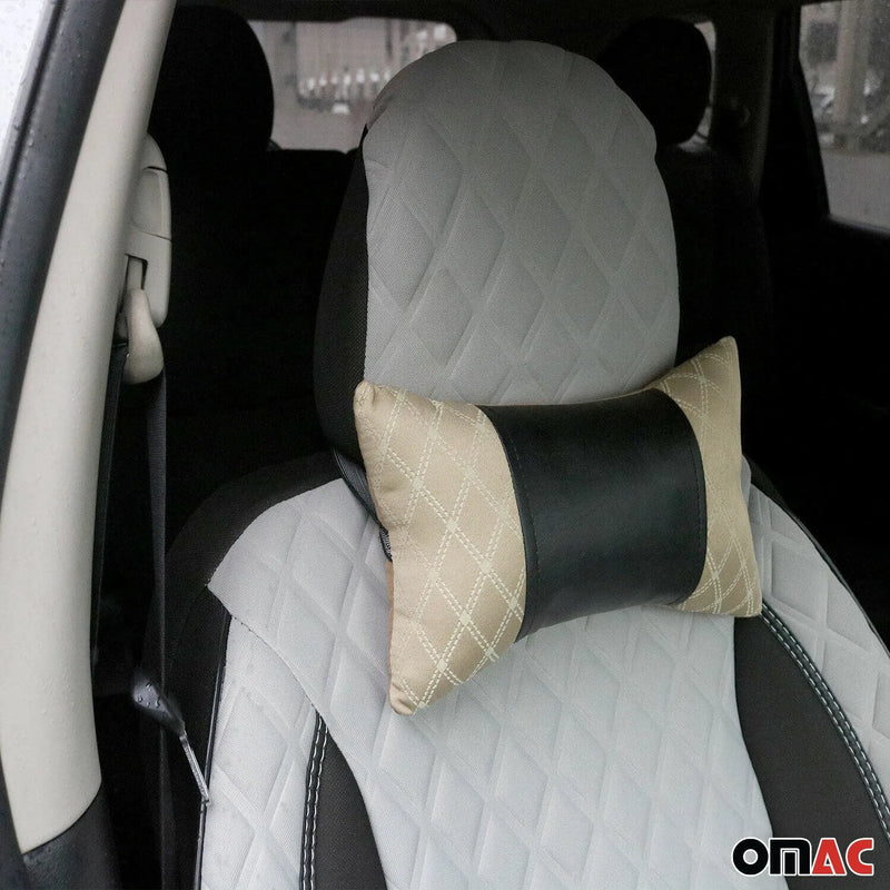 2x Car Seat Neck Pillow Head Shoulder Rest Pad Fabric and PU Leather Beige