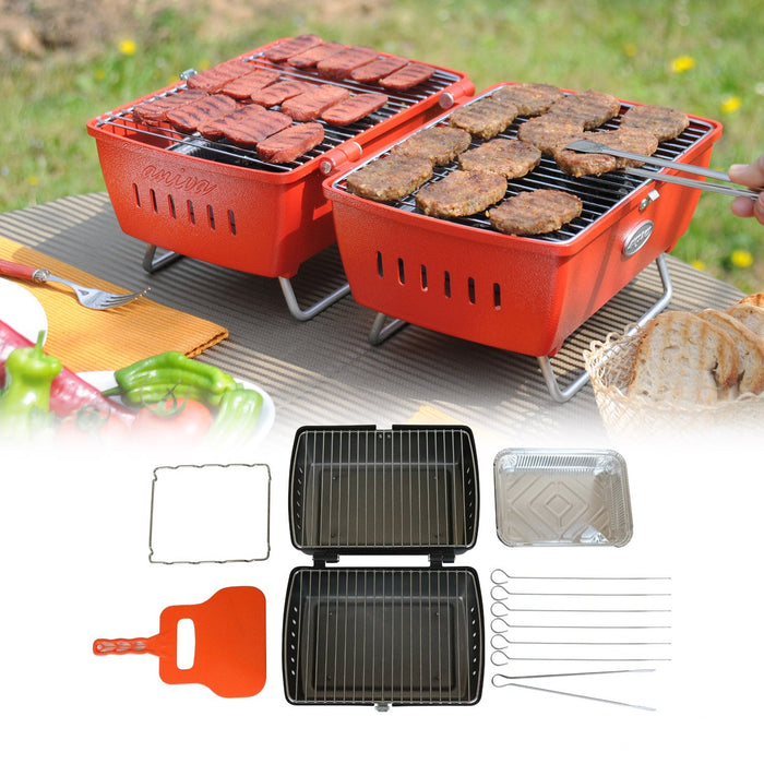 Charcoal Grill Portable Grill Garden Outdoor Red Picnic Grill 13 Pcs BBQ
