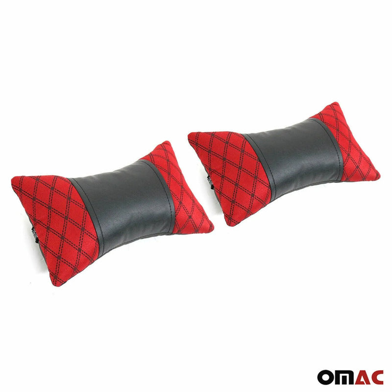 2x Car Seat Neck Pillow Head Shoulder Rest Pad Fabric and PU Leather Red Black