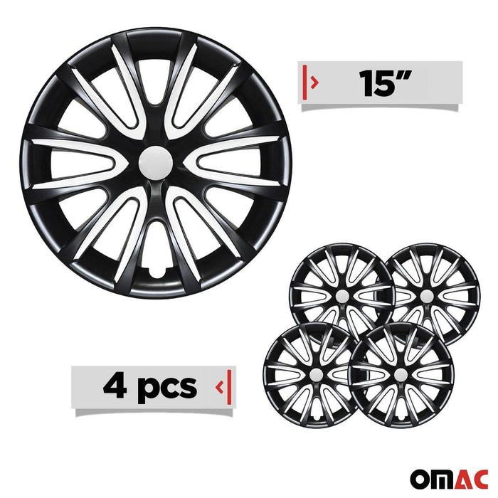 15" Set of 4 Pcs Wheel Covers Gloss Black White Hub Caps fit R15 Tire Steel Rim