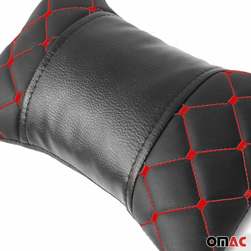 2x Car Seat Neck Pillow Head Shoulder Rest Pad Black with Red PU Leather