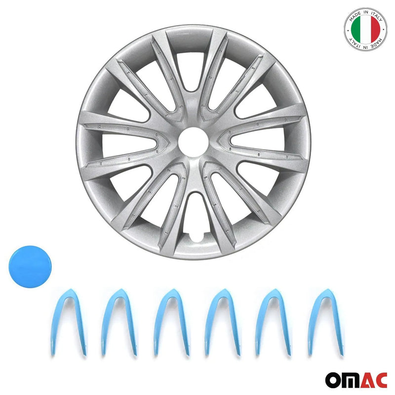 14" Inch Hubcaps Wheel Rim Cover Gray with Blue Insert 4pcs Set - OMAC USA