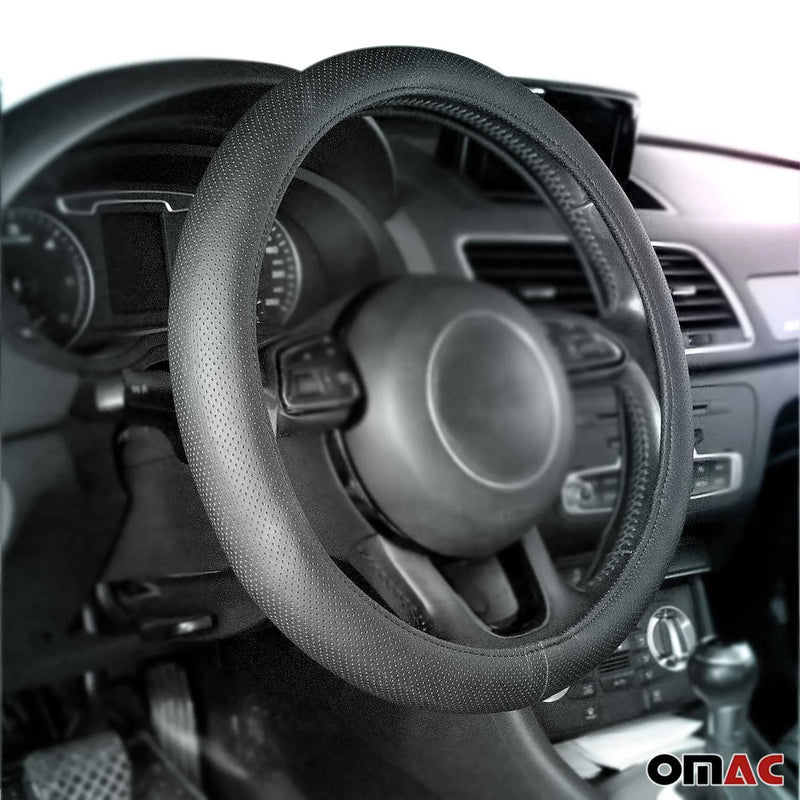 15" Steering Wheel Cover Black Dotted Leather Anti-slip Breathable