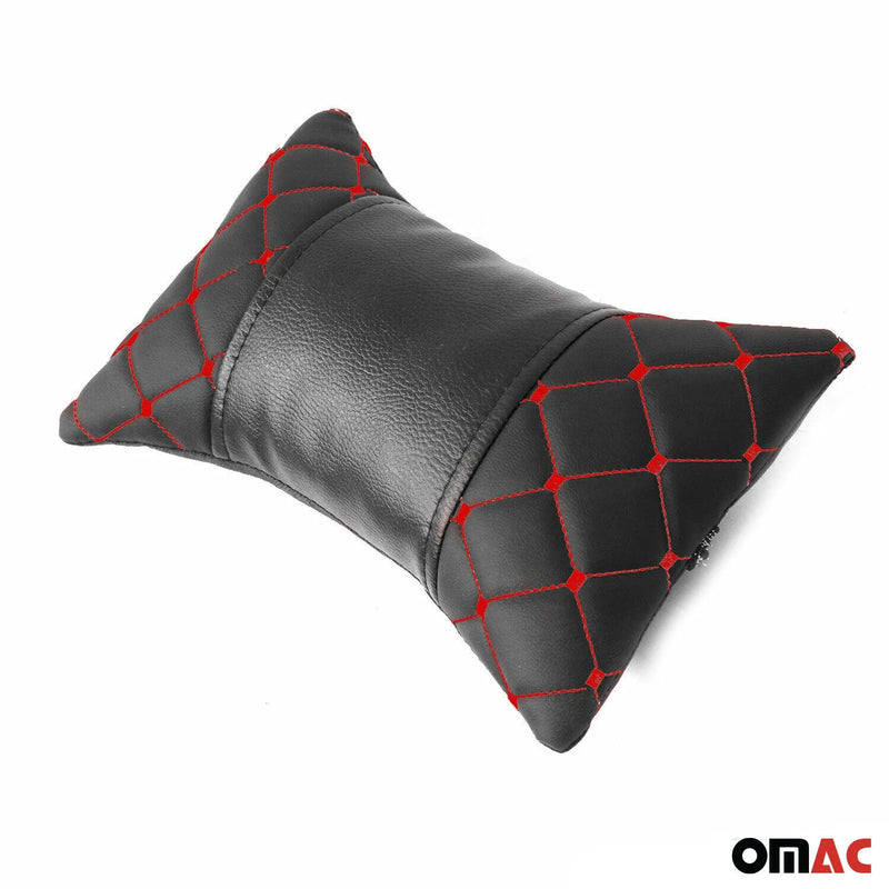 1x Car Seat Neck Pillow Head Shoulder Rest Pad PU Leather Black and Red Stitches