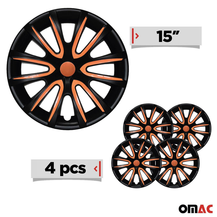 15" Set of 4 Pcs Wheel Covers Black & Orange Hub Caps fit R15 Tire Steel Rim