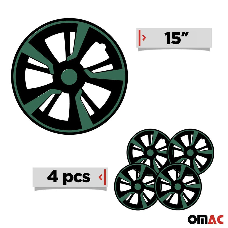 Twintone Hub Caps Wheel Cover 15" Black Matt & Green Insert Full Set 4 pcs.