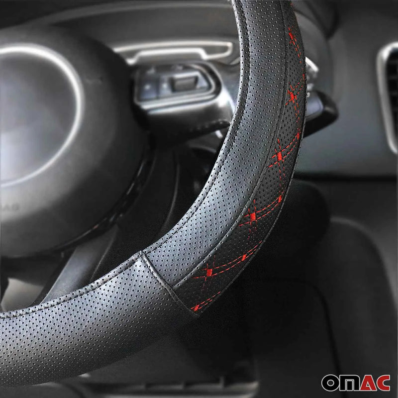 15" Steering Wheel Cover Red Stitches Leather Anti-slip Breathable Accessories