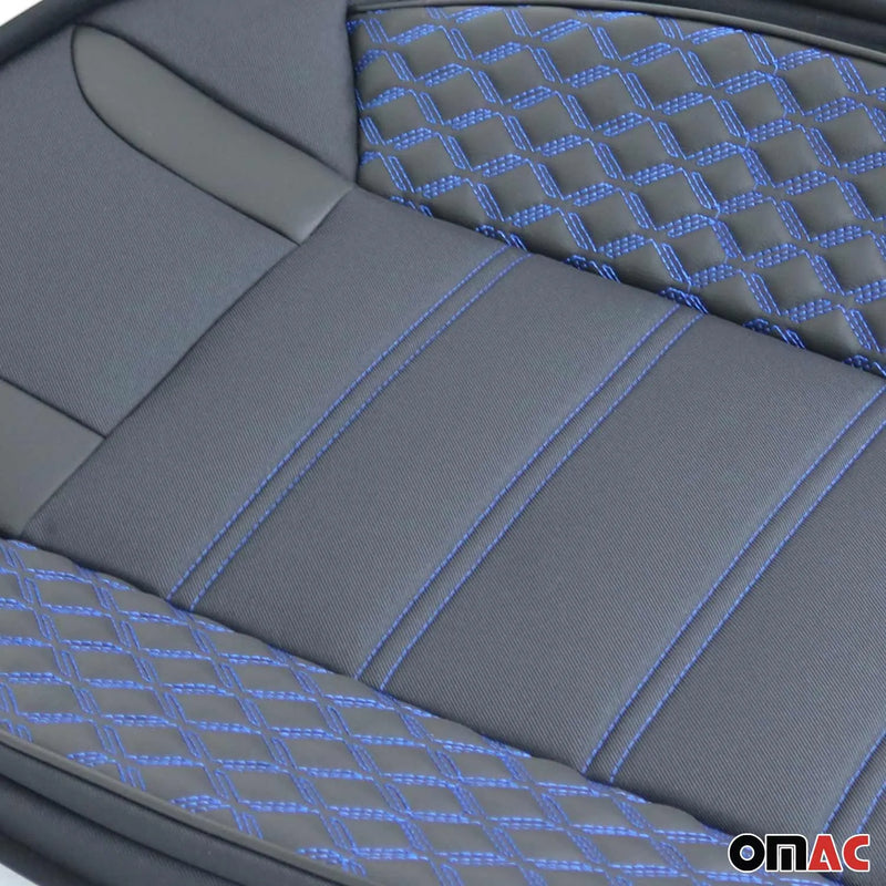 2x Front Car Seat Cover Protection Set PU Fabric Black with Blue Stitches