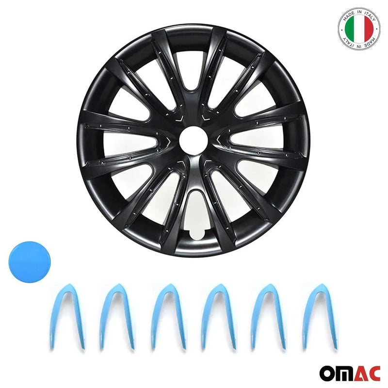 15" Inch Hubcaps Wheel Rim Cover Glossy Black with Blue Insert 4pcs Set - OMAC USA