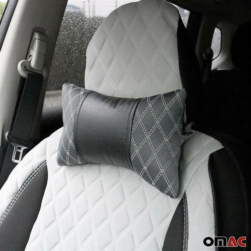 2x Car Seat Neck Pillow Head Shoulder Rest Pad Fabric and PU Leather Grey Black