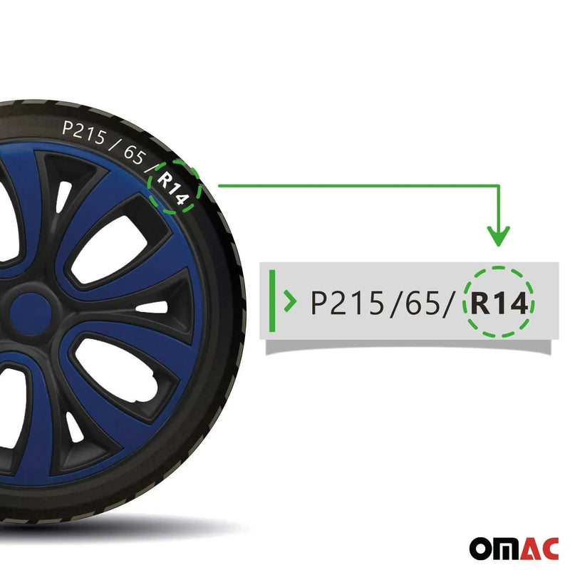 14" Set of 4Pcs Wheel Covers Matt Black & Dark Blue Hub Caps fit R14 Steel Rim - OMAC USA