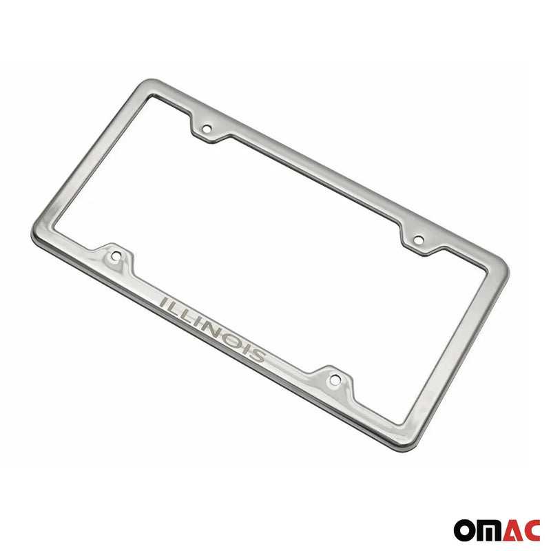 ILLINOIS Print License Plate Frame Tag Holder Chrome S. Steel Set 2 Pcs.