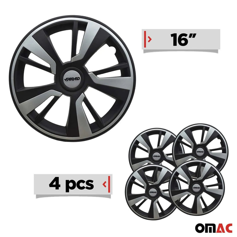 Twintone Hub Caps Wheel Cover 16" Black Matt & Light Gray Insert Full Set 4 pcs.