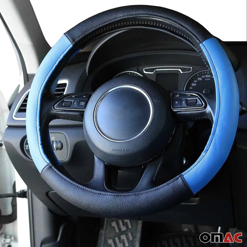 Car Accessories 15" Steering Wheel Cover Blue Black Leather Anti-slip Breathable