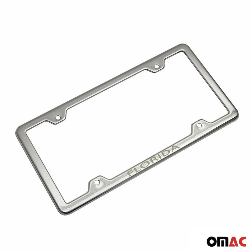 FLORIDA Print License Plate Frame Tag Holder Chrome S. Steel Set 2 Pcs.