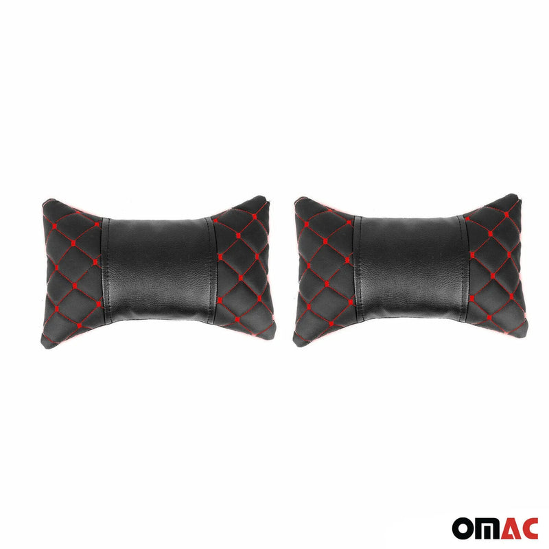 2x Car Seat Neck Pillow Head Shoulder Rest Pad Black with Red PU Leather