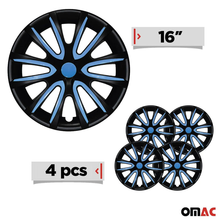 16" Inch Hubcaps Wheel Rim Cover Matt Black with Blue Insert 4pcs Set