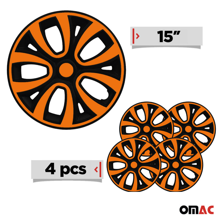 15" Hubcaps Wheel Rim Cover Glossy Black with Orange Insert 4pcs Set