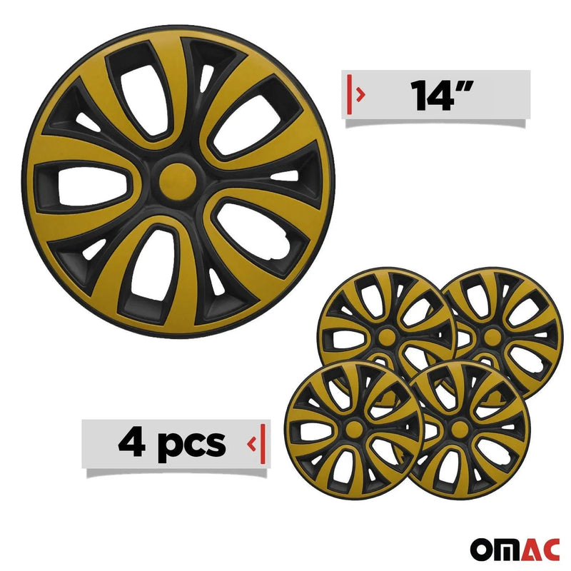 Hubcaps 14" Inch Wheel Rim Cover Matt Black with Yellow Insert 4pcs Set - OMAC USA