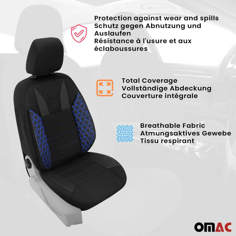 2x Front Car Seat Cover Protection Set PU Fabric Black with Blue Stitches