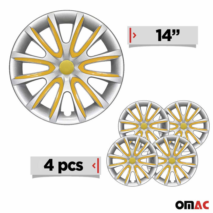 14" 4 Pcs Wheel Covers Gray & Yellow Hub Caps Set fits R14 Tire Steel Rim