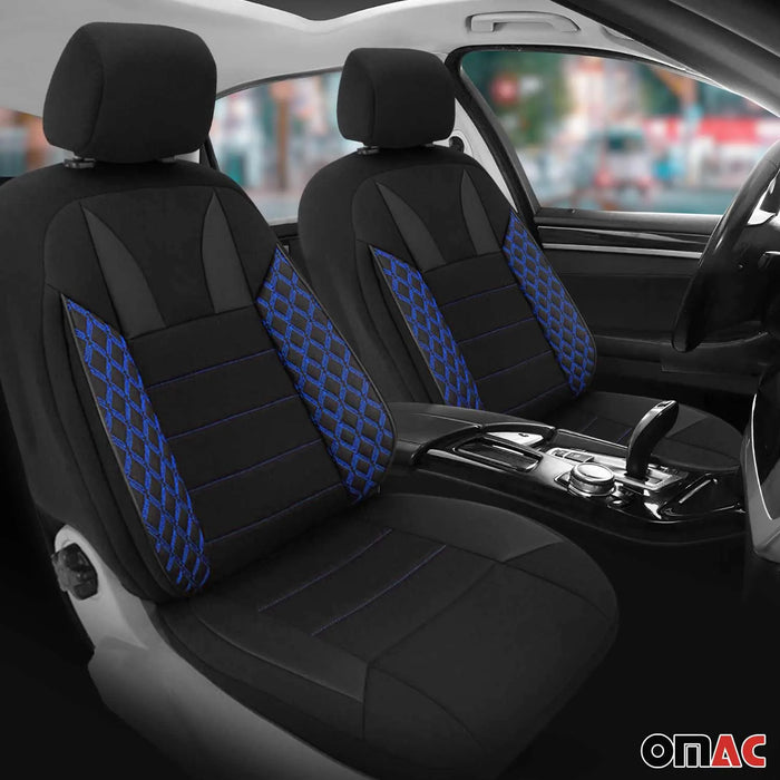 2x Front Car Seat Cover Protection Set PU Fabric Black with Blue Stitches